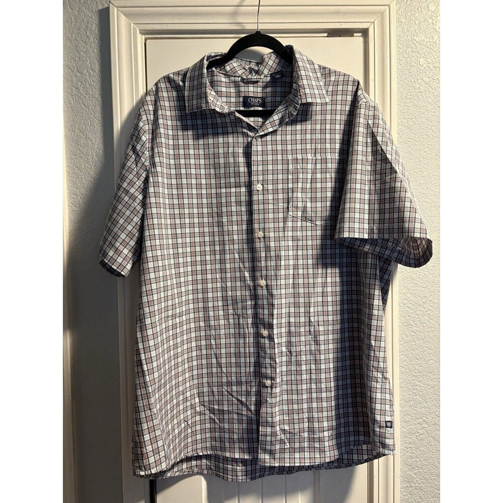 Chaps Mens 2XL Shirt Blue Salmon Plaid Check Short Sleeve Button-Down Easy Care